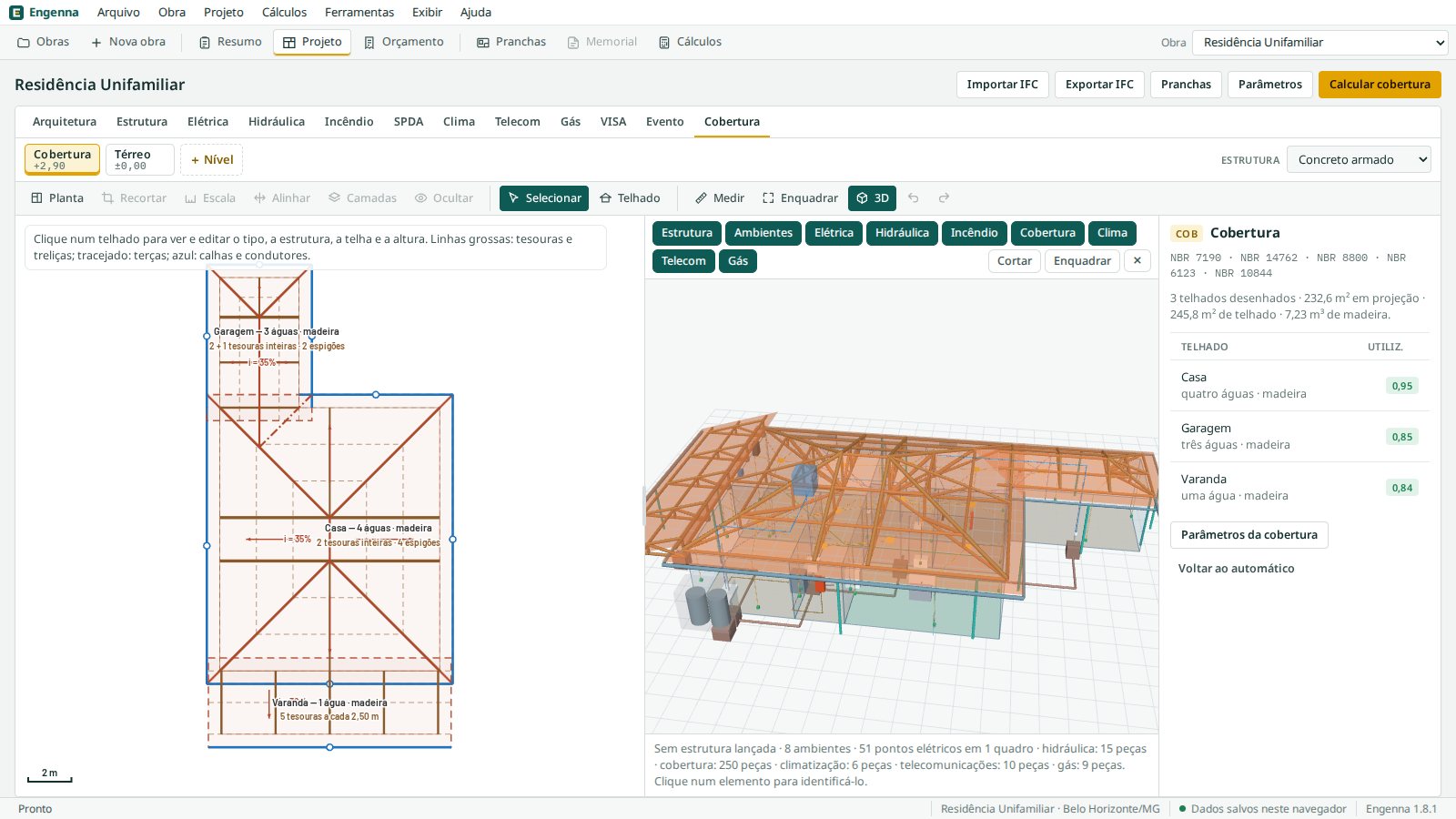 Residência com telhado de quatro águas e garagem em água furtada no Engenna, com a estrutura em 3D